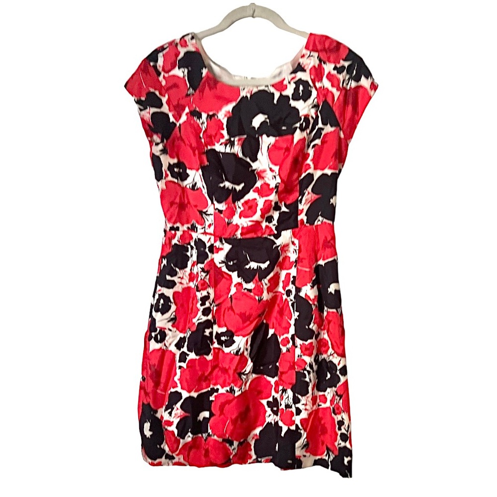 Talbots Pure Silk White Shift Dress with Red and Black Floral Pattern 8